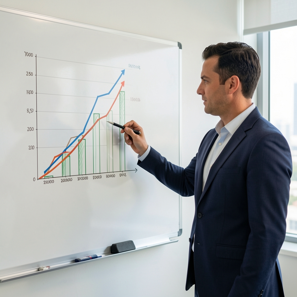 Analista financiero señalando un gráfico de líneas con tendencia ascendente de ingresos en una pizarra blanca