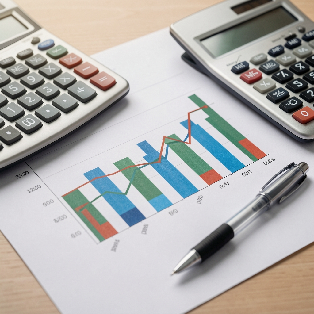 Primer plano de gráficos de barras y líneas financieras impresos en papel junto a una calculadora y un bolígrafo