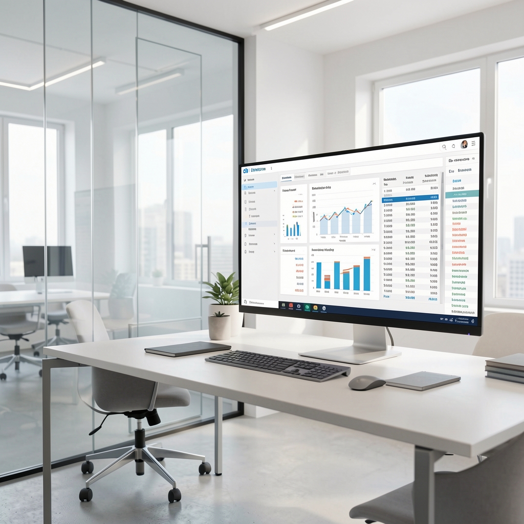 Espacio de trabajo de oficina minimalista y luminosa con paredes de vidrio y datos financieros mostrados en un monitor grande