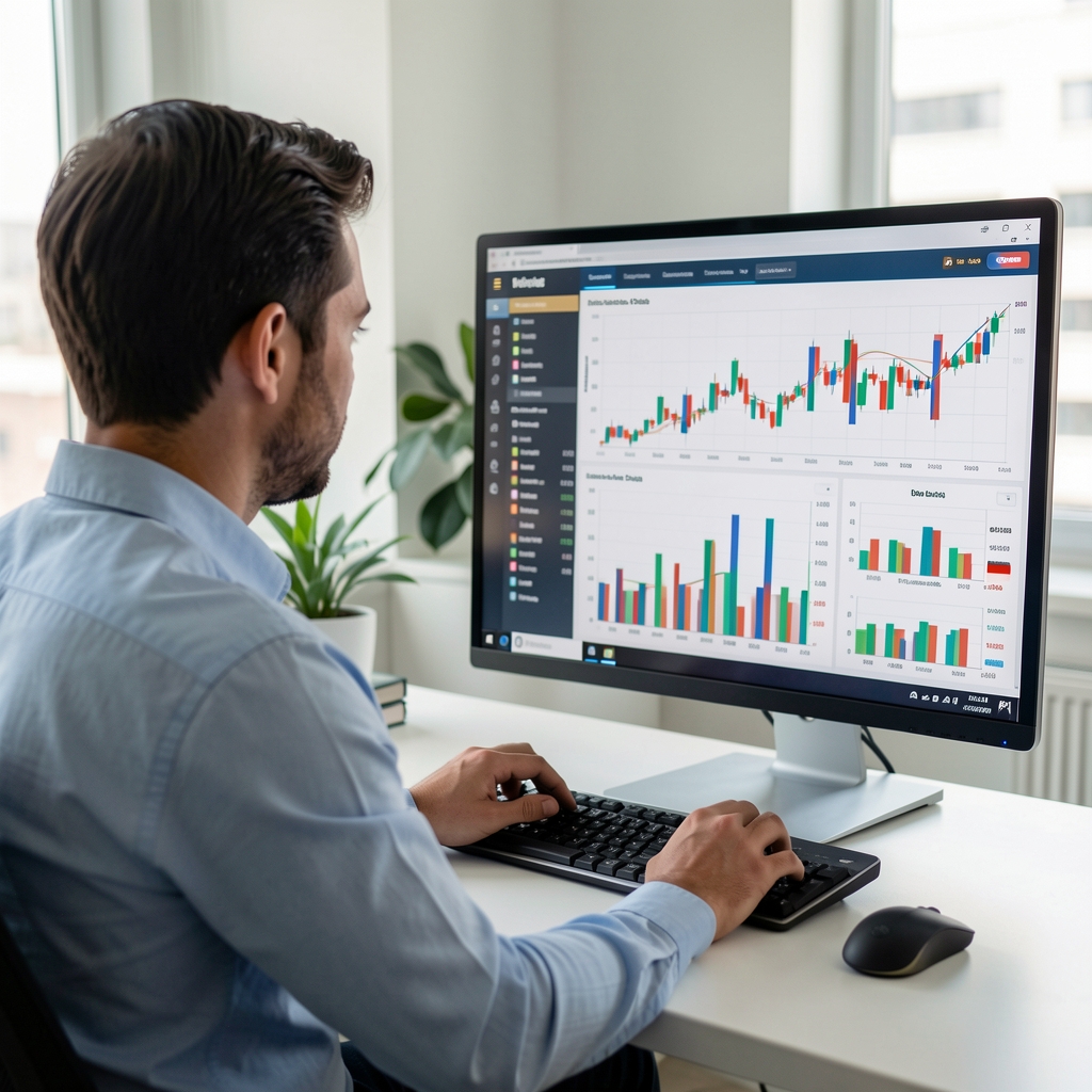 Analista de datos observando gráficos coloridos de un panel financiero en una pantalla de computadora grande