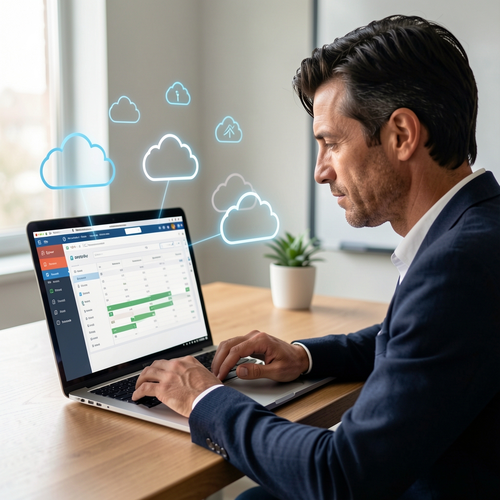 Contador utilizando un software de contabilidad en la nube en una laptop con iconos digitales de nube superpuestos
