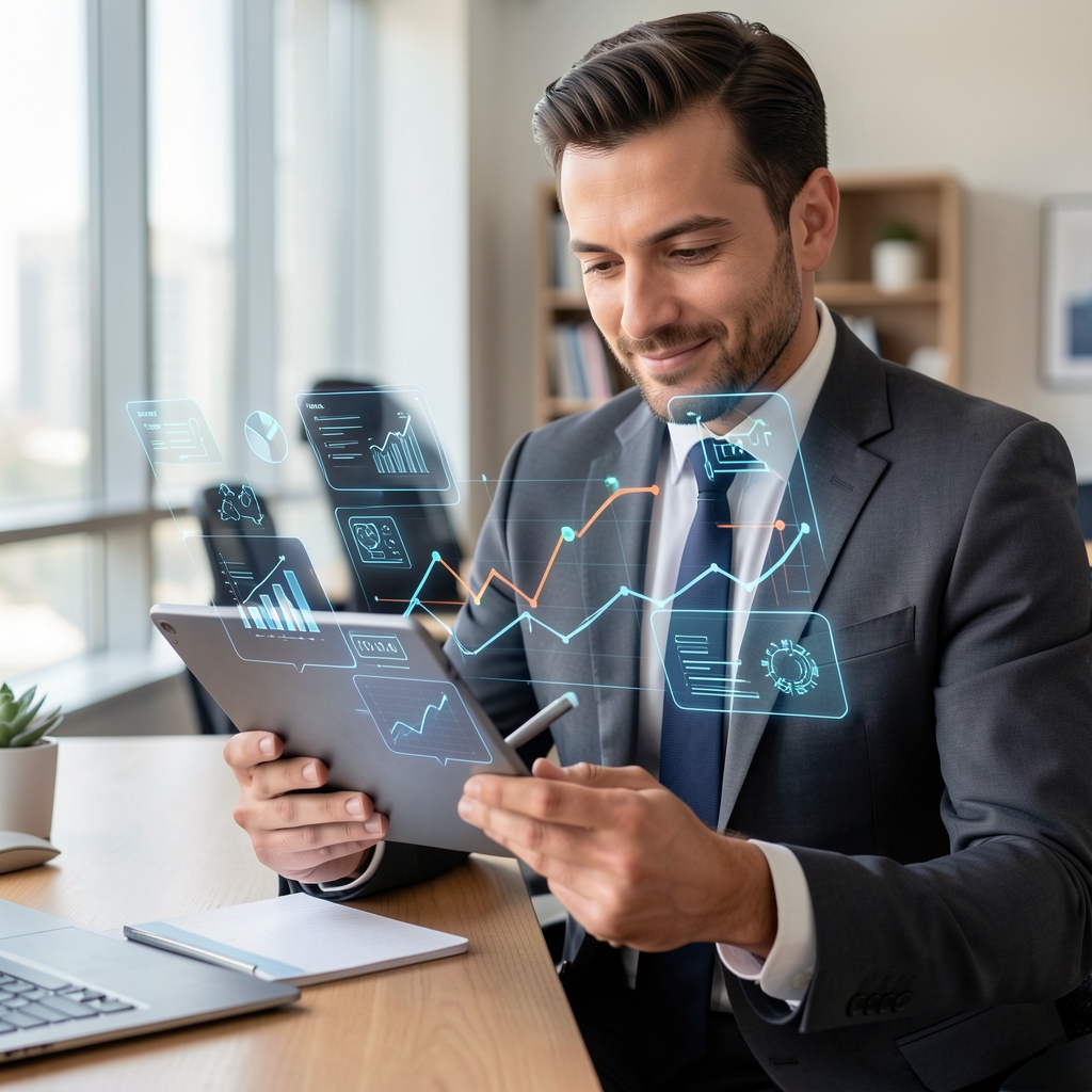 Persona de negocios usando una tablet con iconos digitales de tecnología financiera y gráficos superpuestos